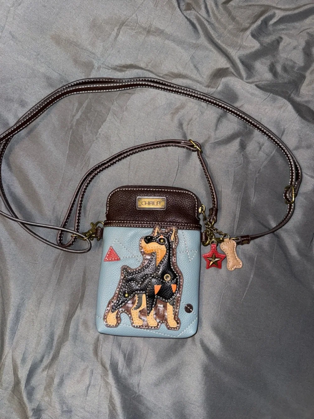 Chala Light Blue and Brown Dog Applique Crossbody Phone Bag